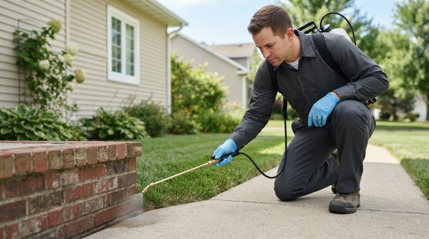 Pest control technician treating a home near Baltic, OH